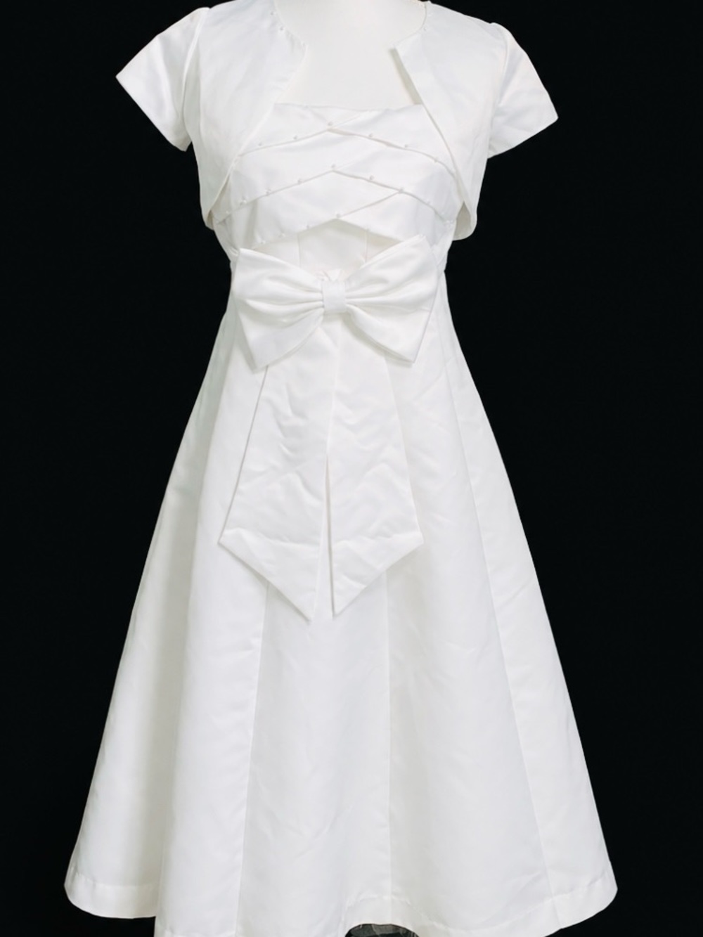 Bonnie Jean Size 14 White Satin A-Line Dress w/ Bow Detail & Embellished Bodice